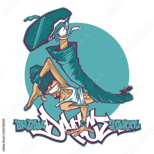 Break dancer in dynamic pose. Hand drawn vector illustration. Hip hop break dance. Can be used for creating logo, posters, flyers, emblem, prints, web
