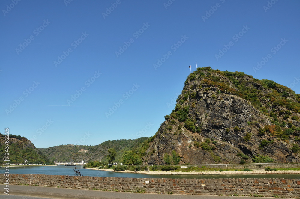 rock of Loreley and sankt goarshausen with castle along the river Rhine- Ehrenfels Castle, Rhine River, Germany
