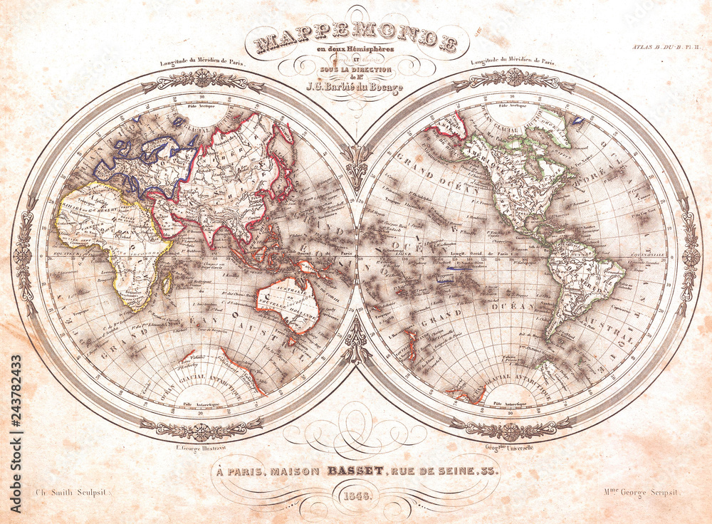1848, Barbie du Bocage Map of the World in Hemispheres