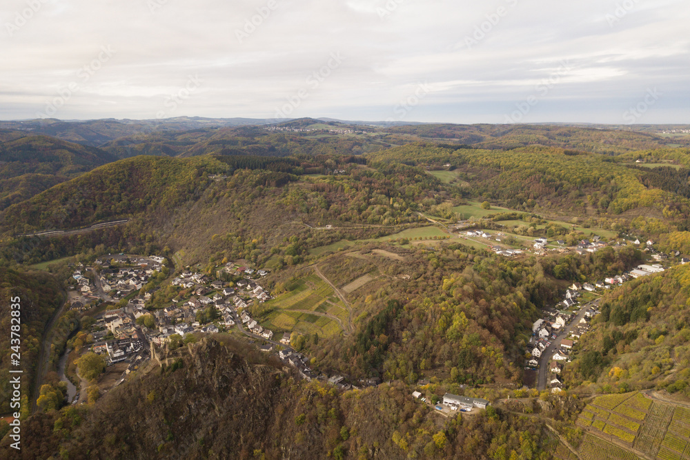 The City of Altenahr and the Burg Are Castle in the Eifel mountains from above / Rhineland Palatinate