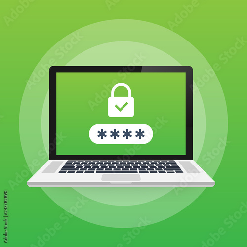 Computer security concept. Laptop with shield and lock on table. Flat vector illustration.