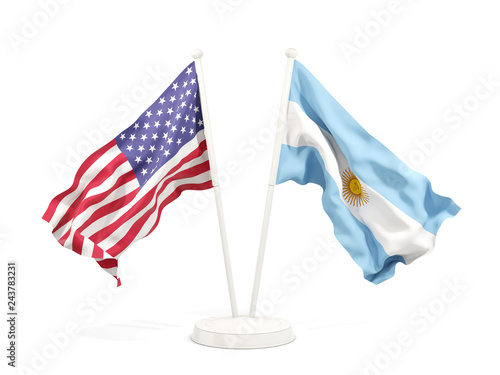 Two waving flags of United States and argentina