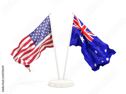 Two waving flags of United States and australia