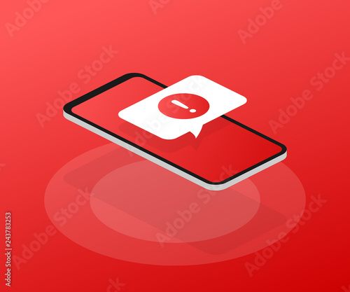 Alert message mobile notification. Danger error alerts, smartphone virus problem or insecure messaging spam problems notifications. Vector illustration.