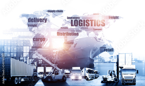 World map with logistic network distribution on background. Logistic and transport concept in front Logistics Industrial Container Cargo freight ship for Concept of fast or instant shipping