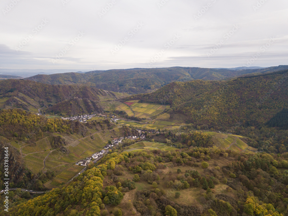 The City of Mayschoß and Rech in the Eifel mountains from above / Rhineland Palatinate near Bad Neuenahr-Ahrweiler