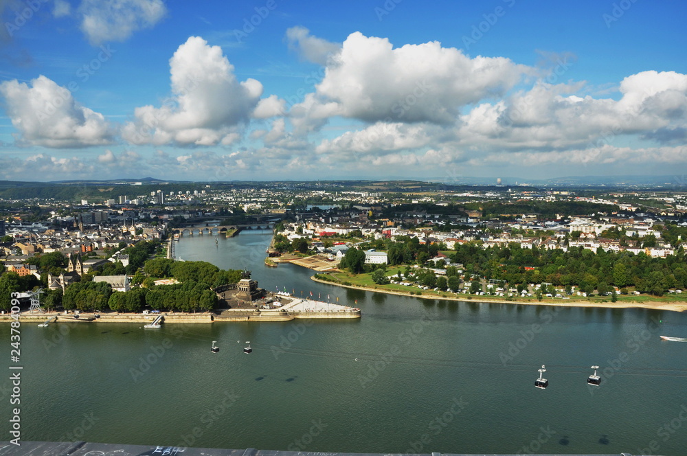 Obraz premium View from Fortress Ehrenbreitstein in Koblenz- Germany -Deutsches Ecke (German Corner) in Koblenz, Germany.