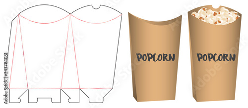 popcorn packaging die cut template design. 3d mock-up
