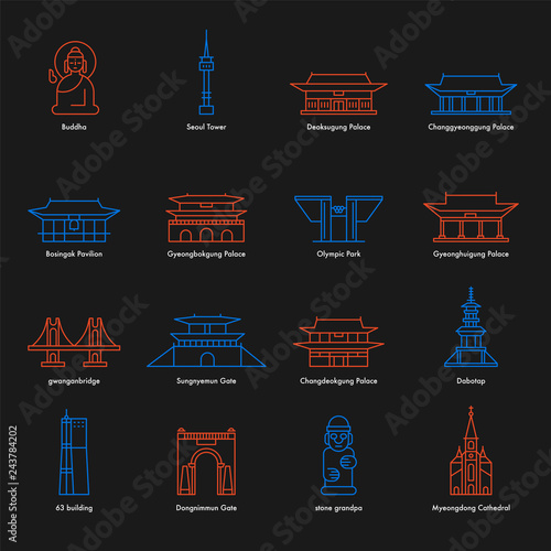 A symbolic building line icon set of Korea. flat design vector graphic style concept illustration.