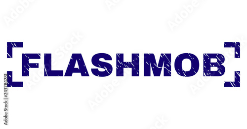 FLASHMOB title seal print with distress texture. Text label is placed between corners. Blue vector rubber print of FLASHMOB with unclean texture.