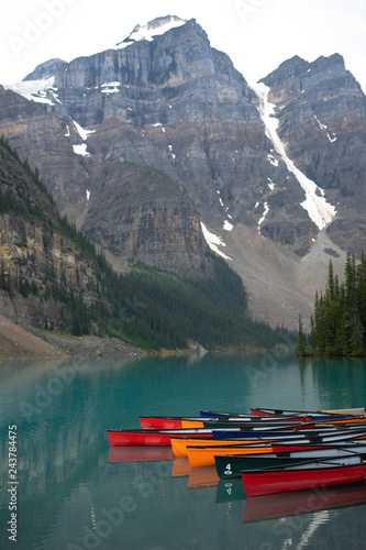 Turquoise Canadian Mountain Lake in Banff with Kayaks