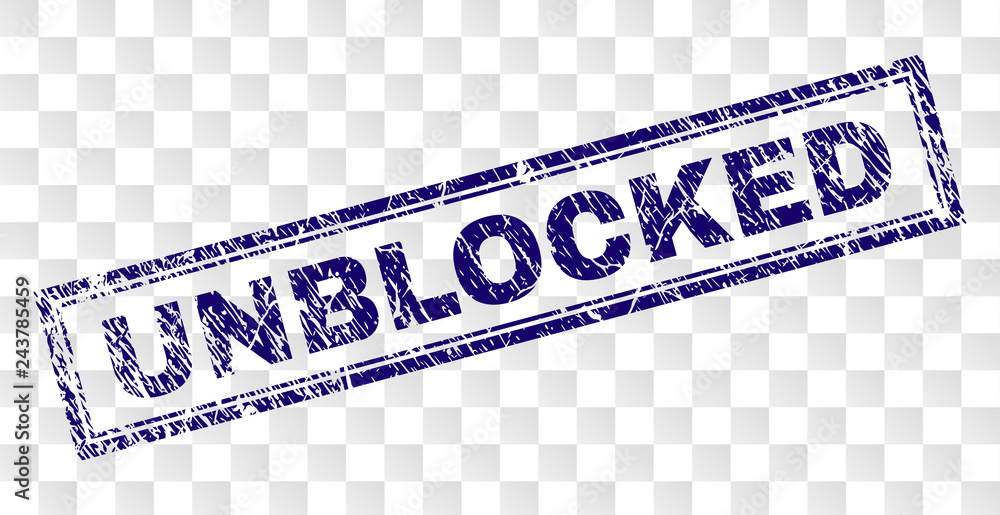 UNBLOCKED stamp seal print with corroded style and double framed rectangle shape. Stamp is