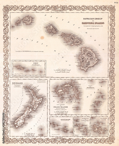 Fotografie, Obraz 1855, Colton Map of Hawaii and New Zealand