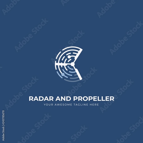 Radar and propeller uav drone logo icon symbol with blue navy background