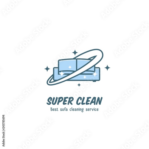 Sofa cleaning service logo in cartoon comic playful fun style symbol icon with shining look blink and super clean