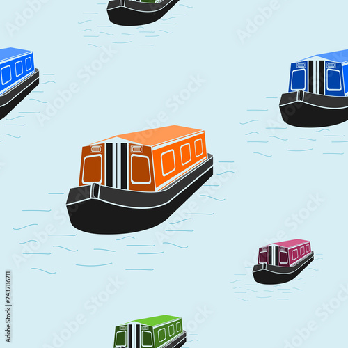 Editable Flat Three-Quarter Top Front Side Oblique View Canal Boat on Water Vector Illustration Seamless Pattern for Creating Background of Transportation or Recreation of United Kingdom or Europe