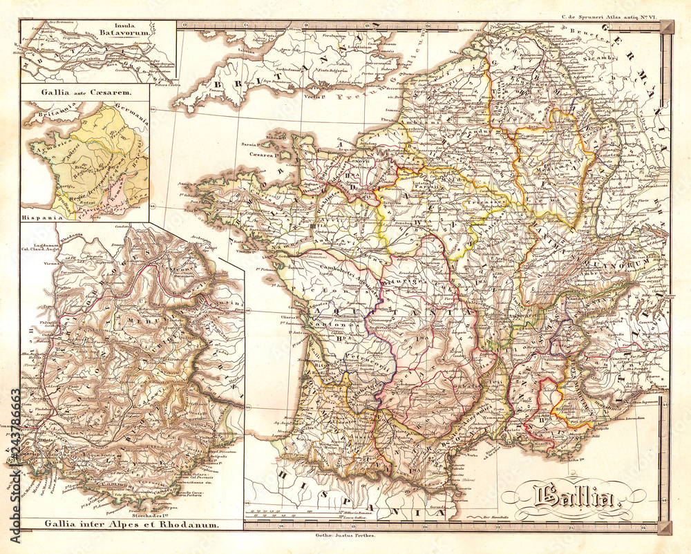 1855, Spruneri Map of France, Gaul, Gallia in Ancient Times