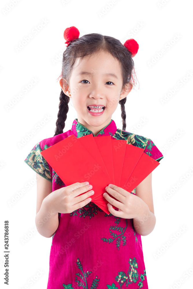 Little chinese girl in red color traditional dress stand,holding red packet money and smiles isolated over white background Little chinese girl in red color traditional dress stand,holding red packet money and smiles isolated over white background