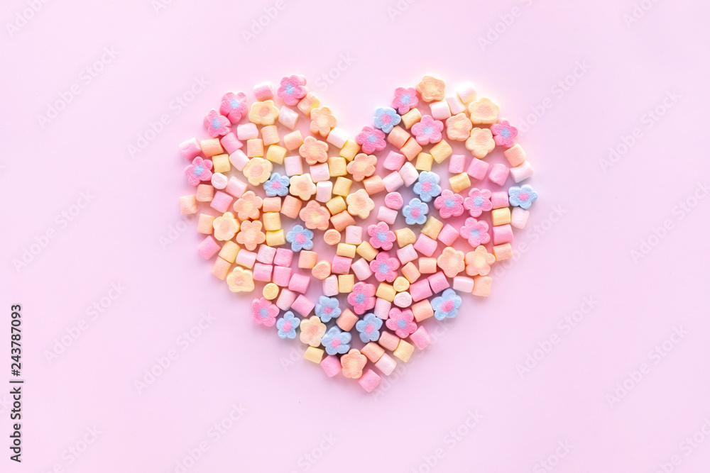 Colorful marshmallow in heart shape.Party and celebration.decorative  background texture
