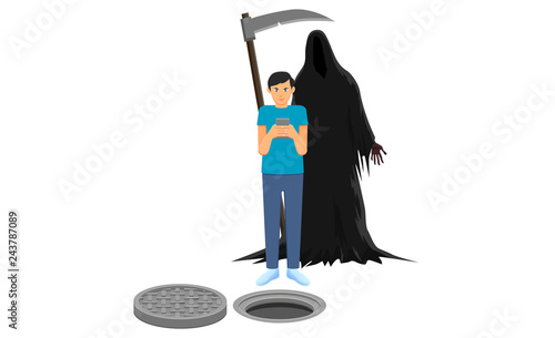 Man looking a phone with Grim Reaper behind him vector