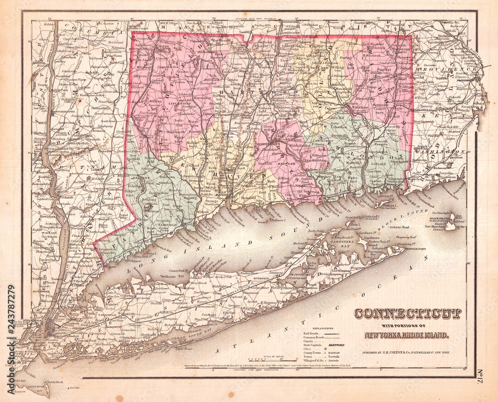 Obraz premium 1857, Colton Mapa Connecticut i Long Island