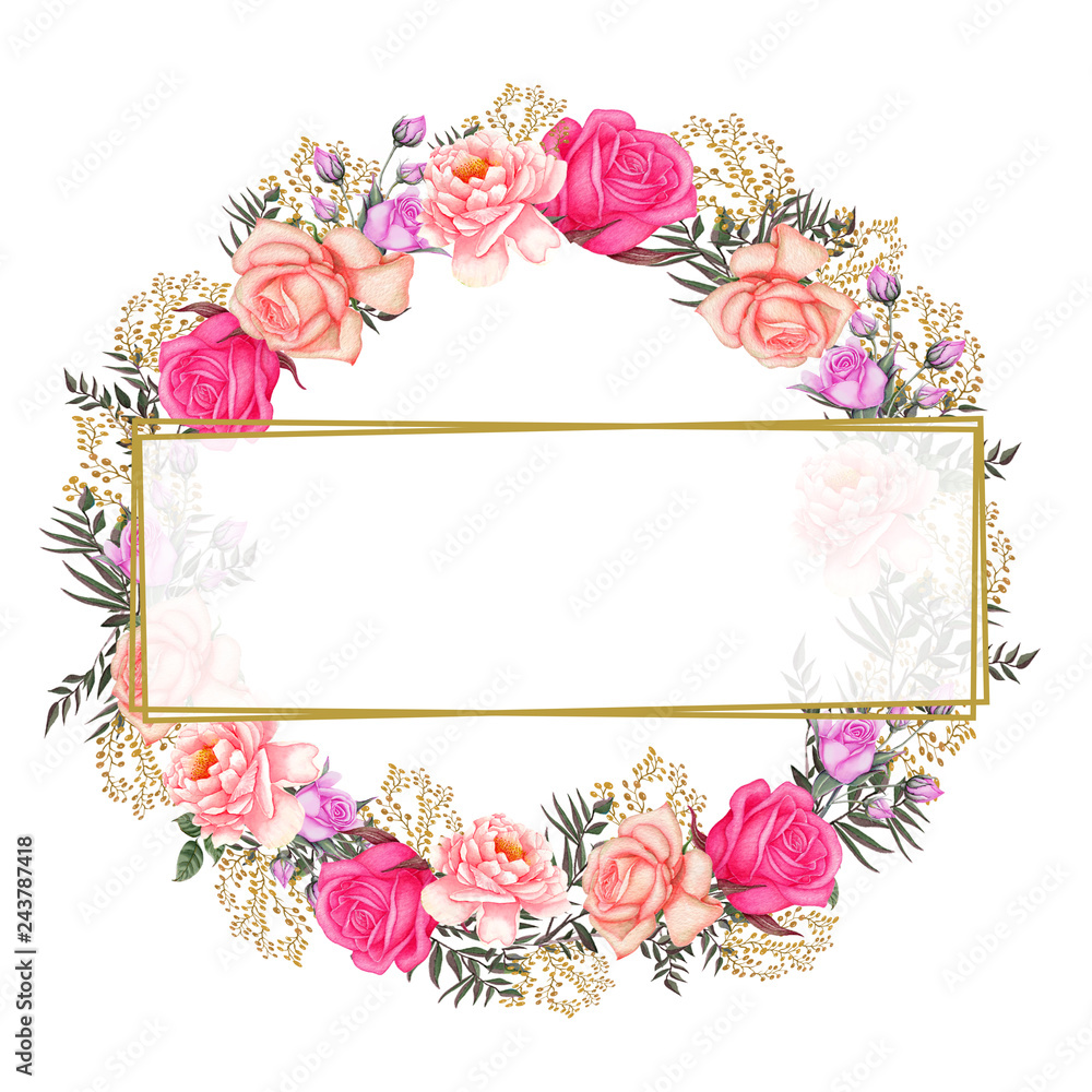 Rose, Leafs,Wedding Watercolor Wreath, Bouquets,Frame Floral,Flowers arrangement decorate,Hand painted,isolated on white background, floral invitations, greeting card, DIY.