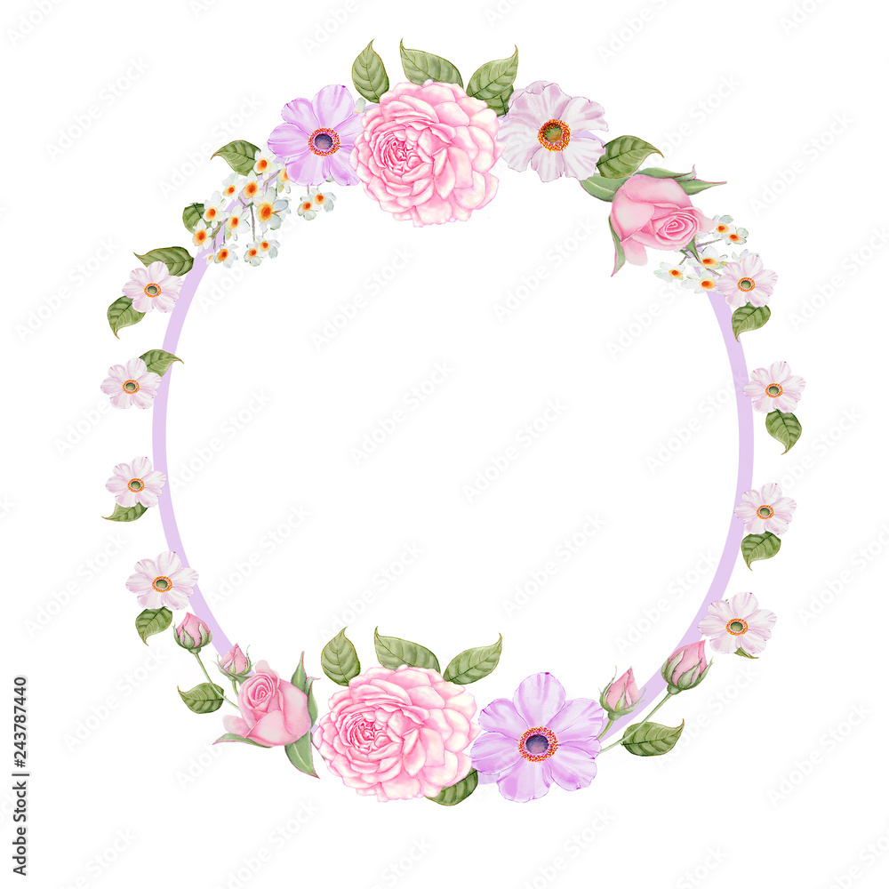 Rose,Cosmos,Wedding Watercolor Wreath, Bouquets,Frame Floral,Flowers arrangement decorate,Hand painted,isolated on white background, floral invitations, greeting card, DIY.