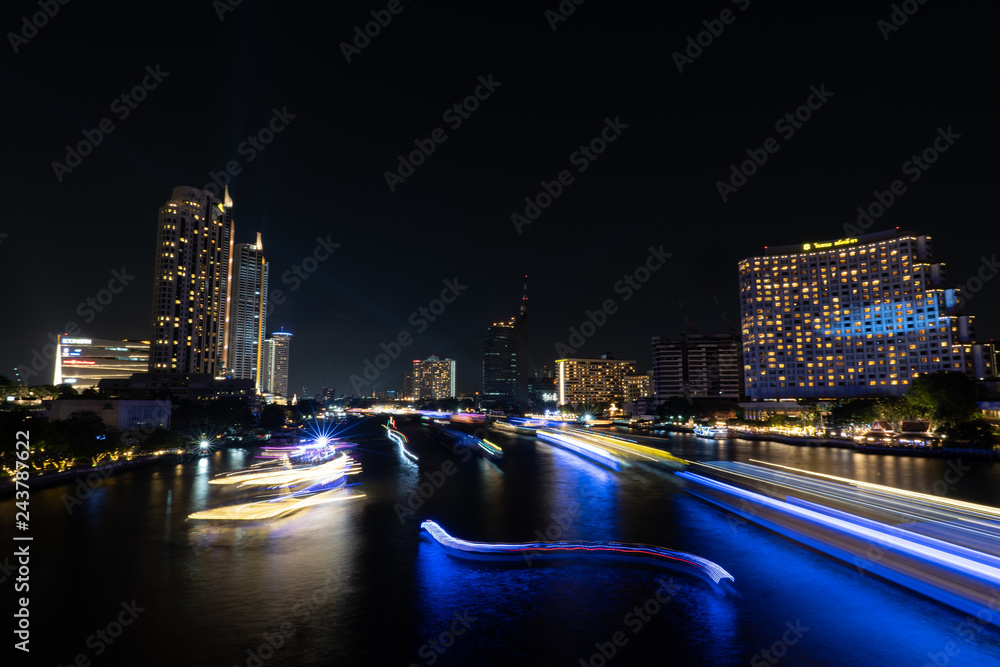 River light at night Chao Phraya river, Bangkok city