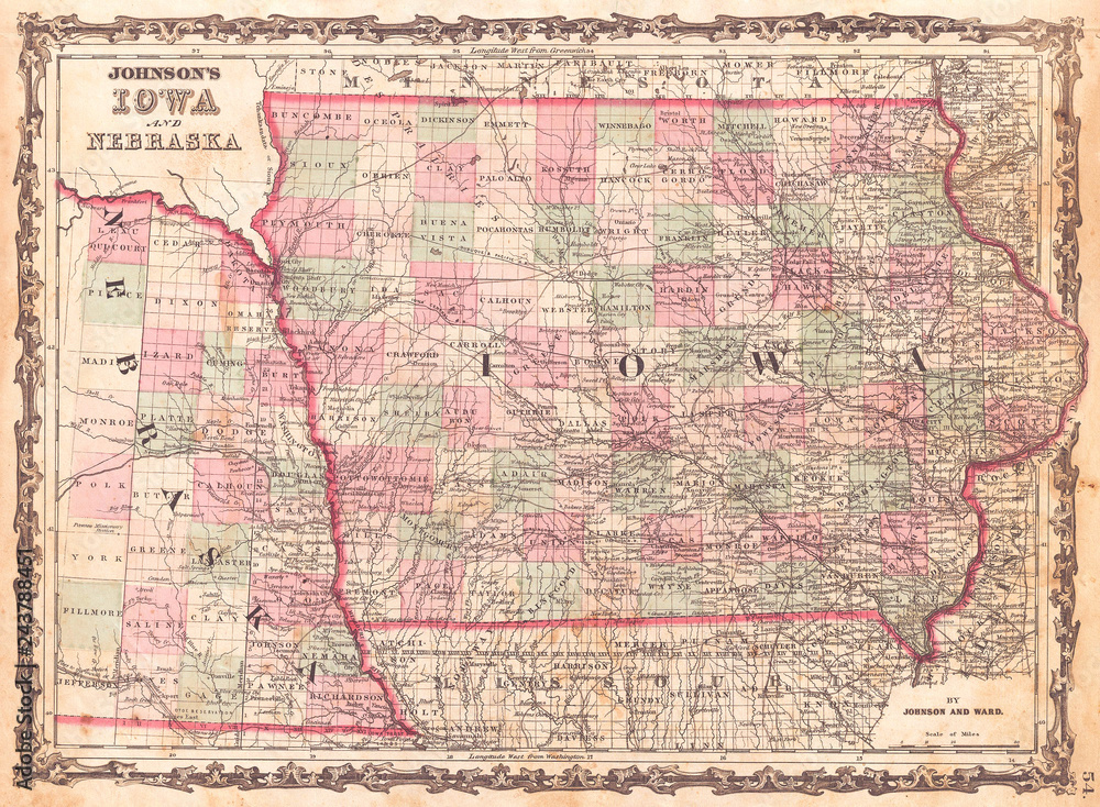 1862, Johnson Map of Iowa and Nebraska