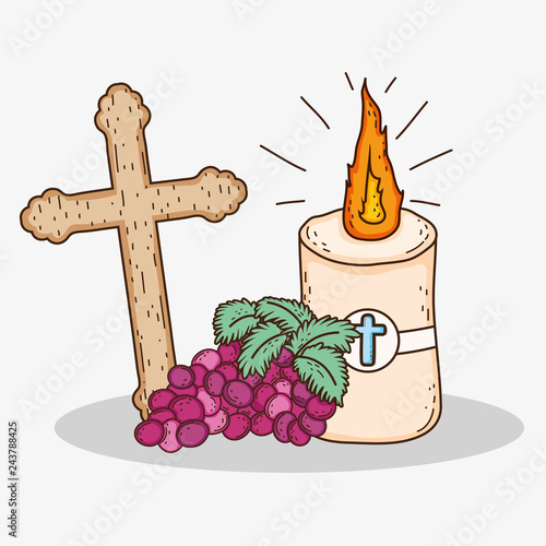 first communion with cross and candle with grapes