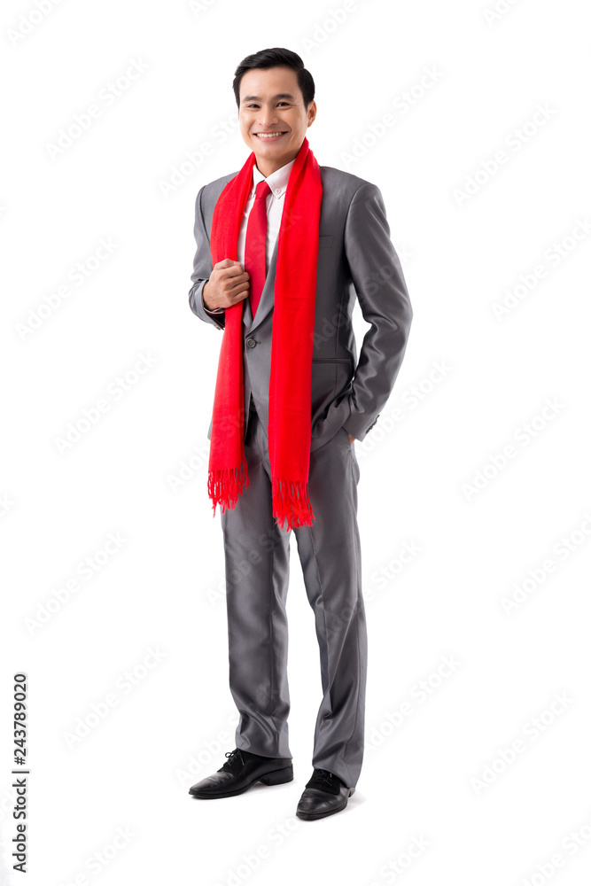 Portrait of cheerful businessman wearing red scarf for Chinese New Year, isolated on white Portrait of cheerful businessman wearing red scarf for Chinese New Year, isolated on white