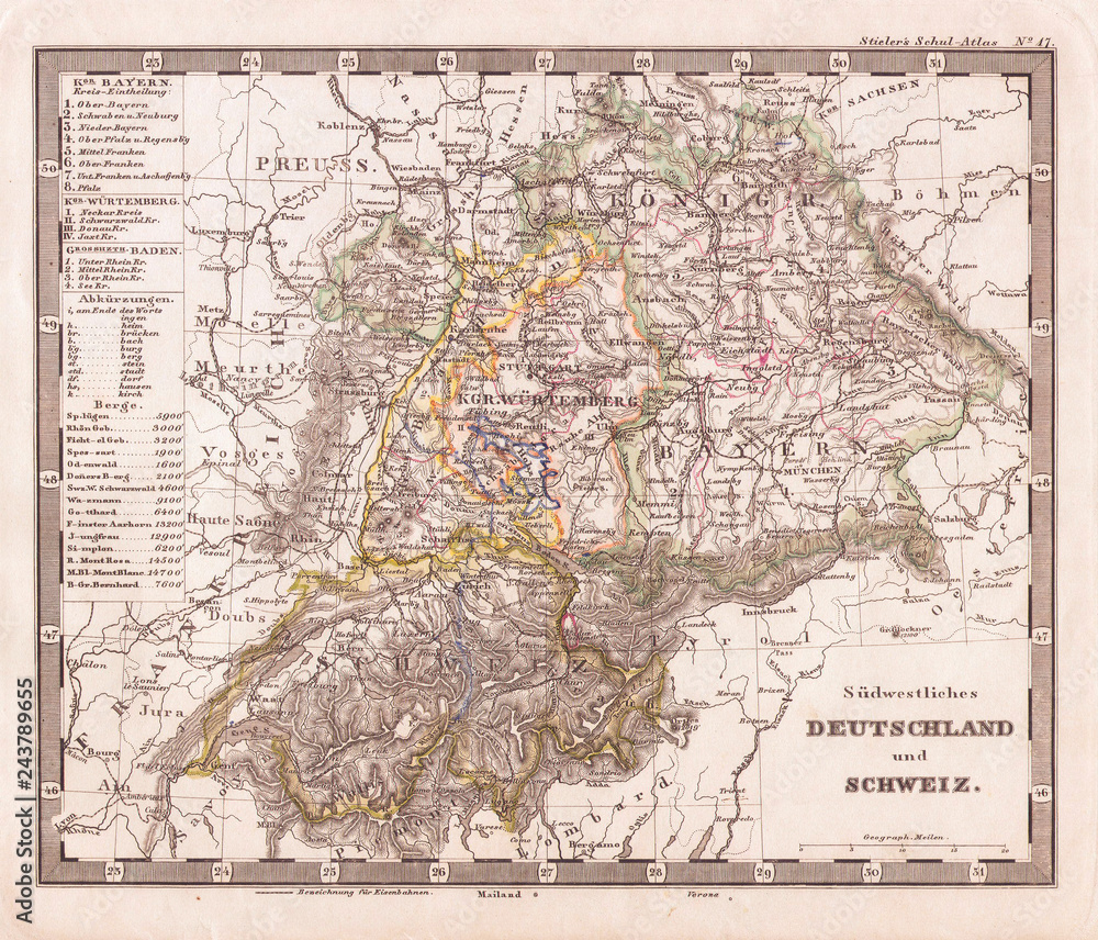 1862, Stieler Map of Southern Germany and Switzerland