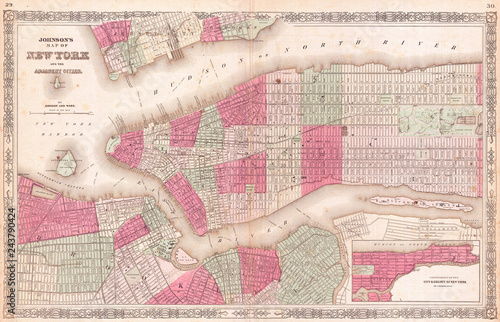 1865, Johnson Map of New York City and Brooklyn