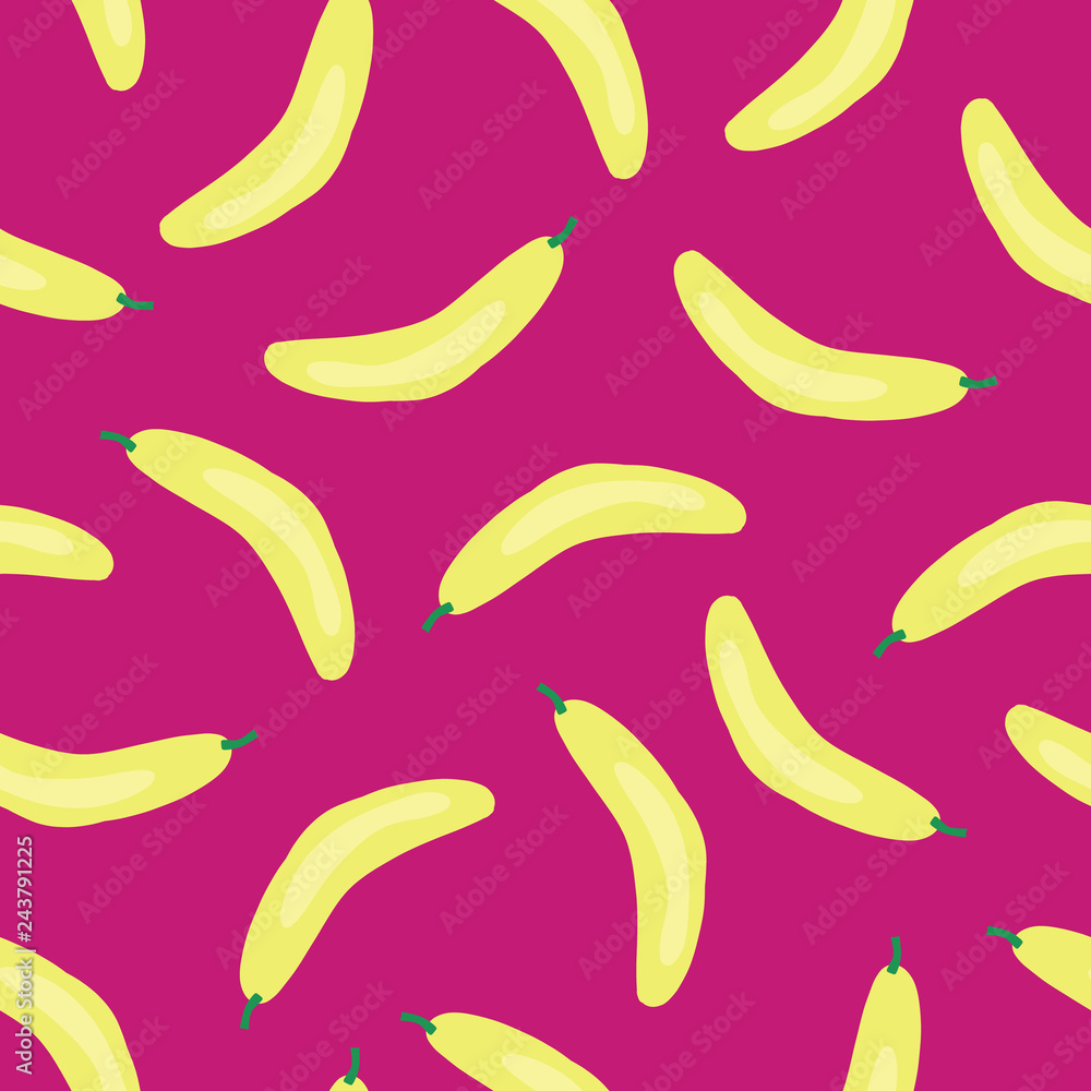 Bananas pattern. Vector seamless background with illustrated fruits isolated on pink. Food illustration. Use for card, menu cover, web pages, page fill, packaging, farmers market, fabric.