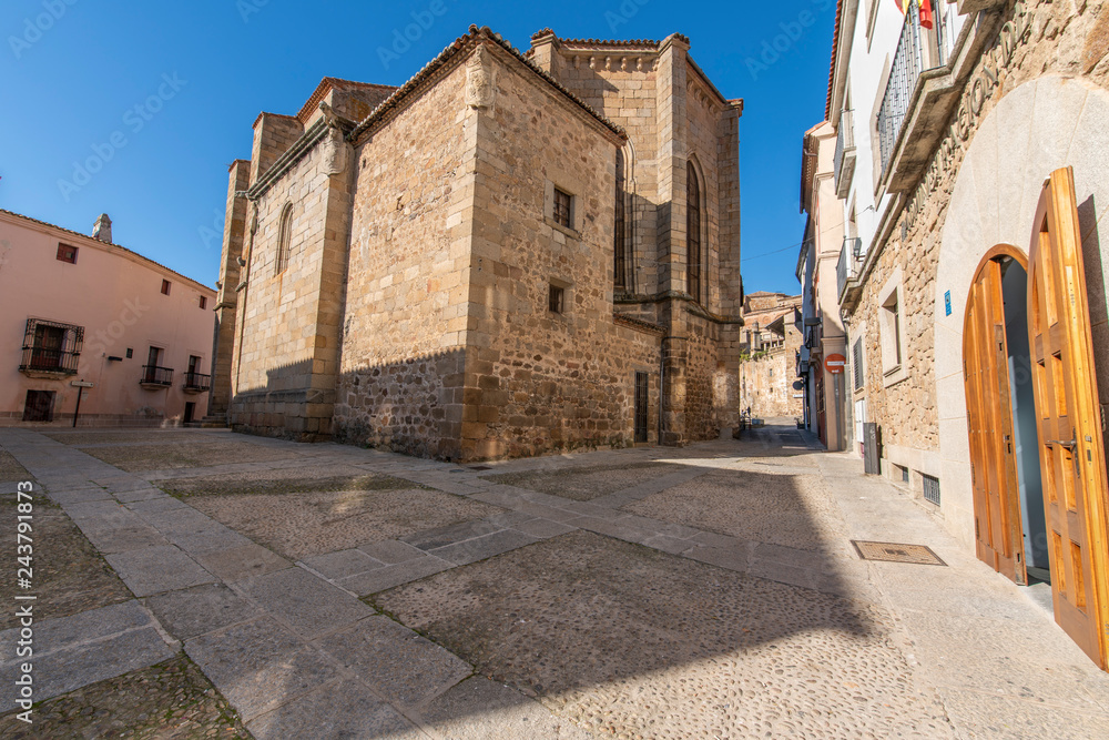 The Streets of the old city of Plasencia, and historic and amazing spanish town with a good representation of gothic and roman architecture. The square and church of San Nicolas and amazing stone art
