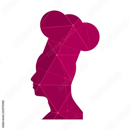 Chef in a cooking hat silhouette. Kitchen simple icon. Molecule and communication texture. Connected lines with dots.