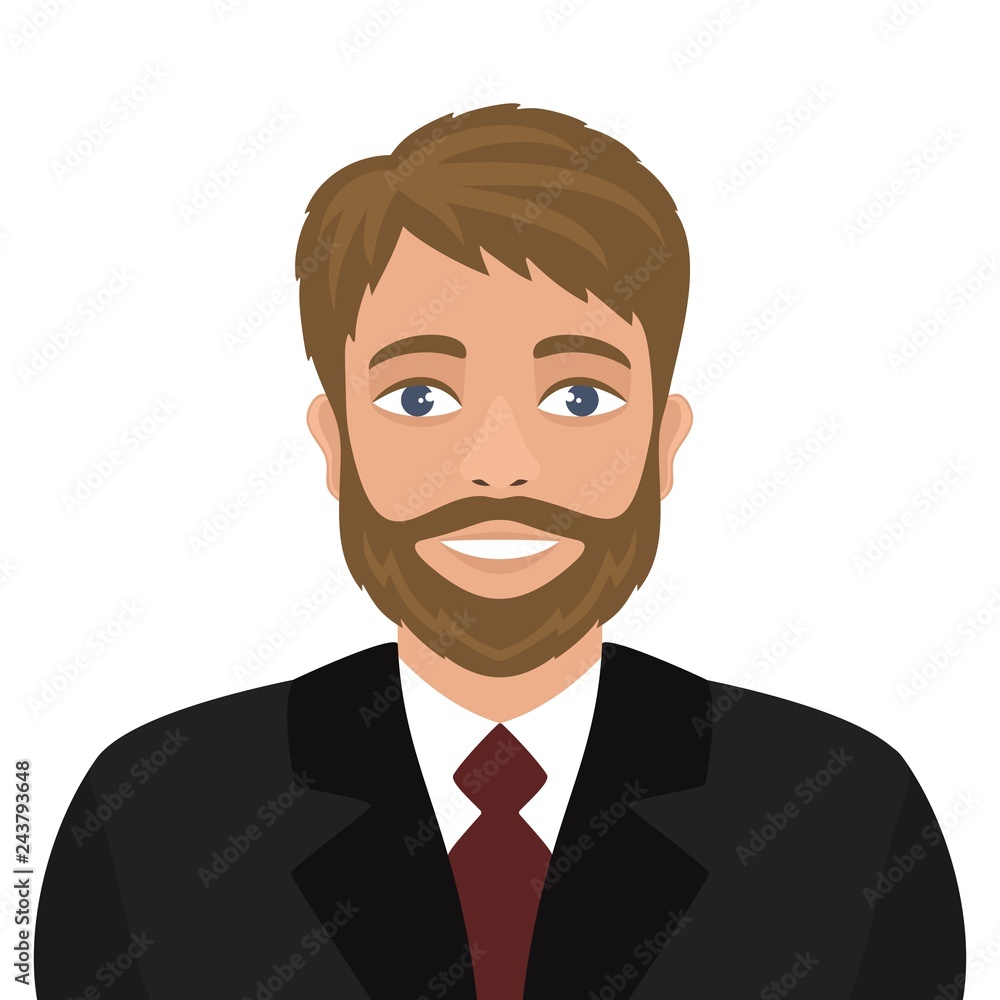 Smiling bearded businessman in a dark suit and burgundy tie. Flat style. Portrait of a white man with blue eyes and blond hair. Smiling bearded businessman in a dark suit and burgundy tie. Flat style. Portrait of a white man with blue eyes and blond hair.