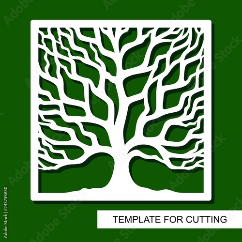 Tree silhouette in square frame. Template for laser cut  wood carving  paper cutting and printing. Vector illustration.