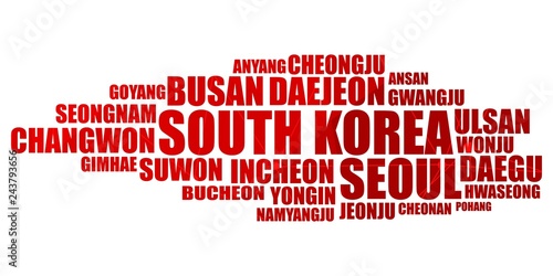List of cities and towns of South Korea. Word cloud collage. Business and travel concept background.
