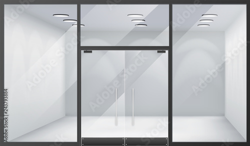 3d shop empty interior front store realistic windows space closed doors template mockup background vector illustration