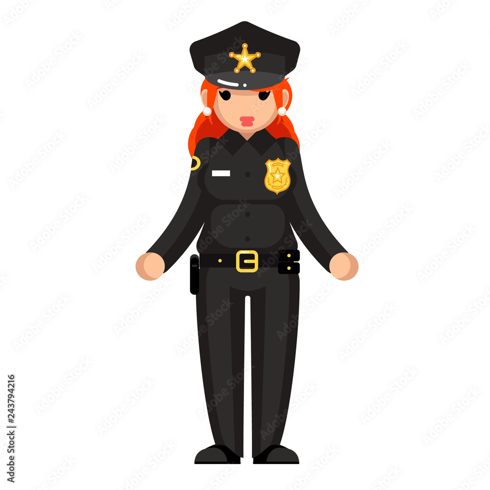 Female policeman flat design woman character isolated vector illustrator