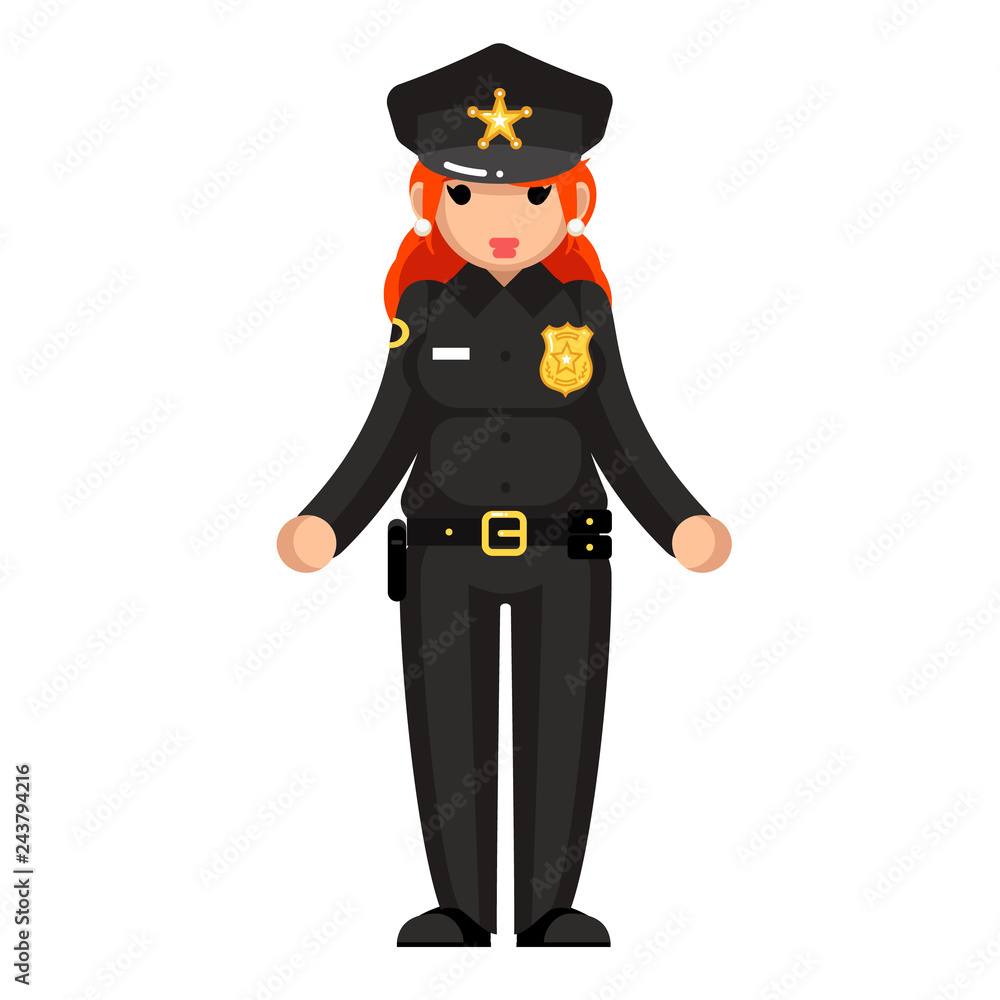Female policeman flat design woman character isolated vector illustrator Female policeman flat design woman character isolated vector illustrator