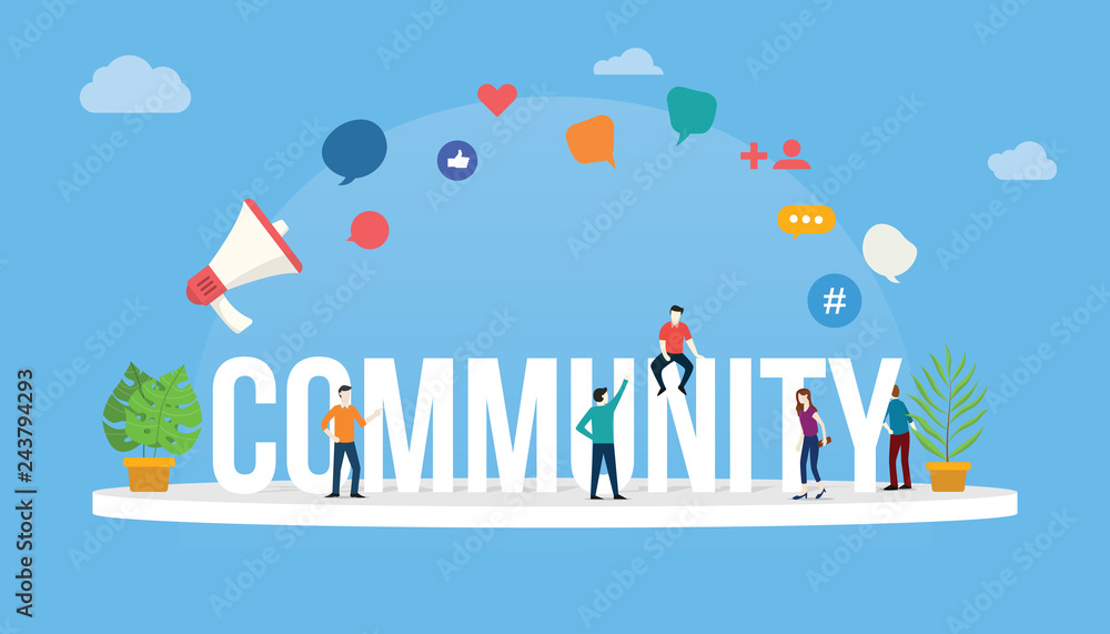 community people concept with big text and people around with modern style and icon - vector