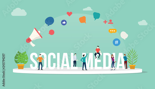 social media concept with team people working together with big text with modern style and icon - vector