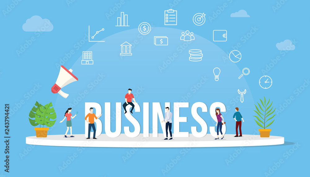 business concept with team people working together with big text title banner and icon about it spreading flying with loudspeaker - vector