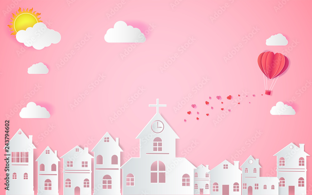 Happy valentine's day, Wedding and paper art concept,the hot air heart balloon, sun and countryside on pink sky as love