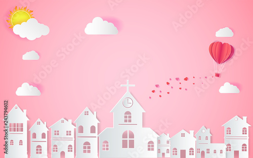 Happy valentine's day, Wedding and paper art concept,the hot air heart balloon, sun and countryside on pink sky as love