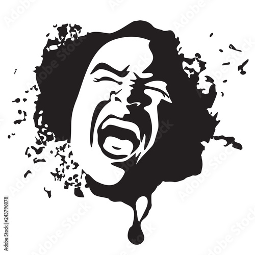 Screaming face shout in black and white vector graphics. Emotional scream of a man with open shouting mouth - expression drawing in graffiti style.