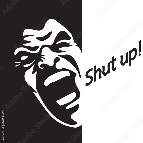 Screaming face shout in black and white vector graphics. Emotional scream of a man with open shouting mouth - expression drawing in graffiti style.