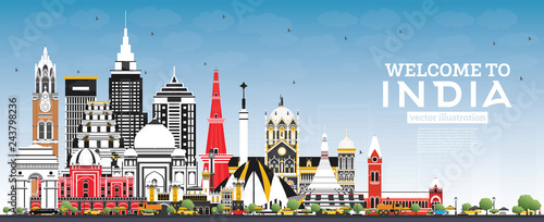 Welcome to India City Skyline with Color Buildings and Blue Sky.